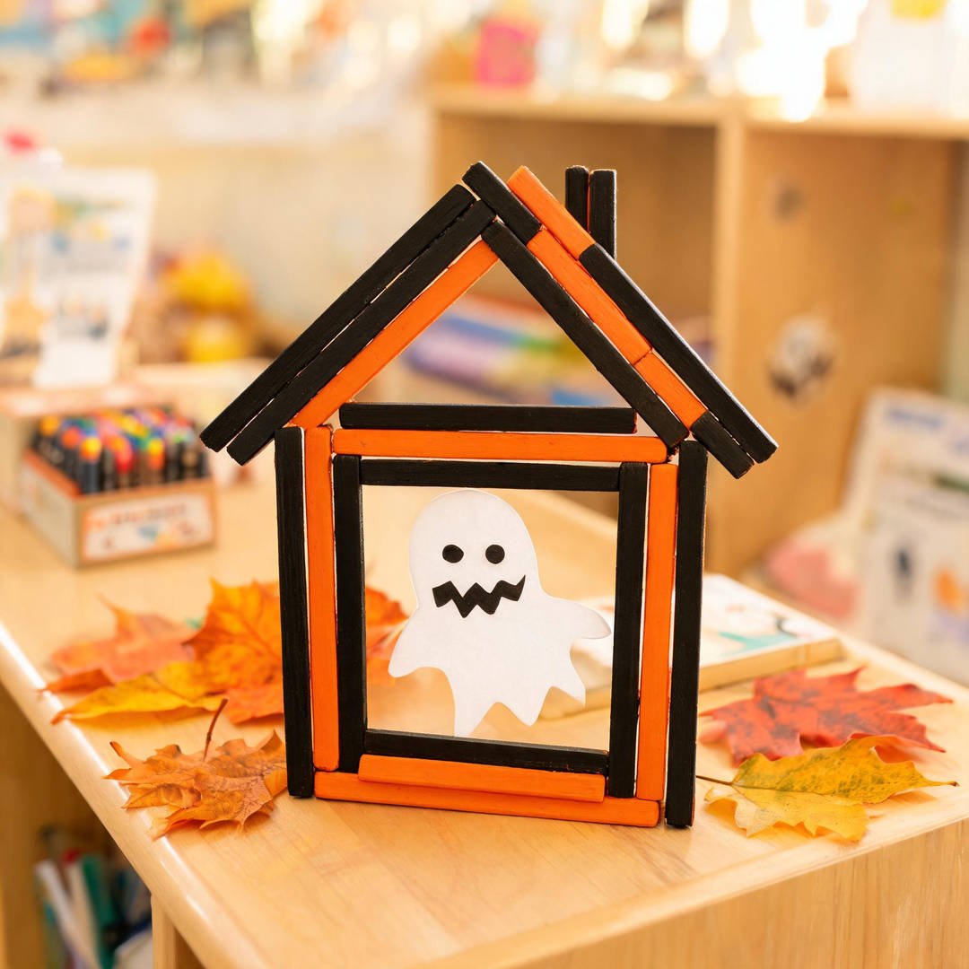 10 Easy Halloween Crafts for School (Grades 1-5) 8 Popsicle Stick Haunted House Frame - Painted wooden craft stick haunted house photo frame for students