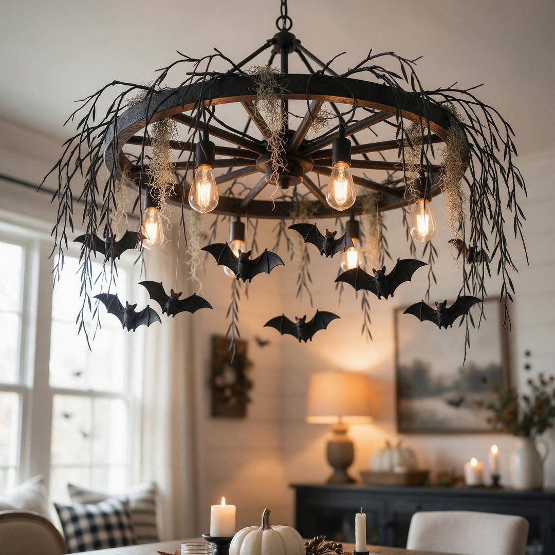 A modern rustic dining room chandelier draped in faux black weeping willow branches and matte black flying bat silhouettes