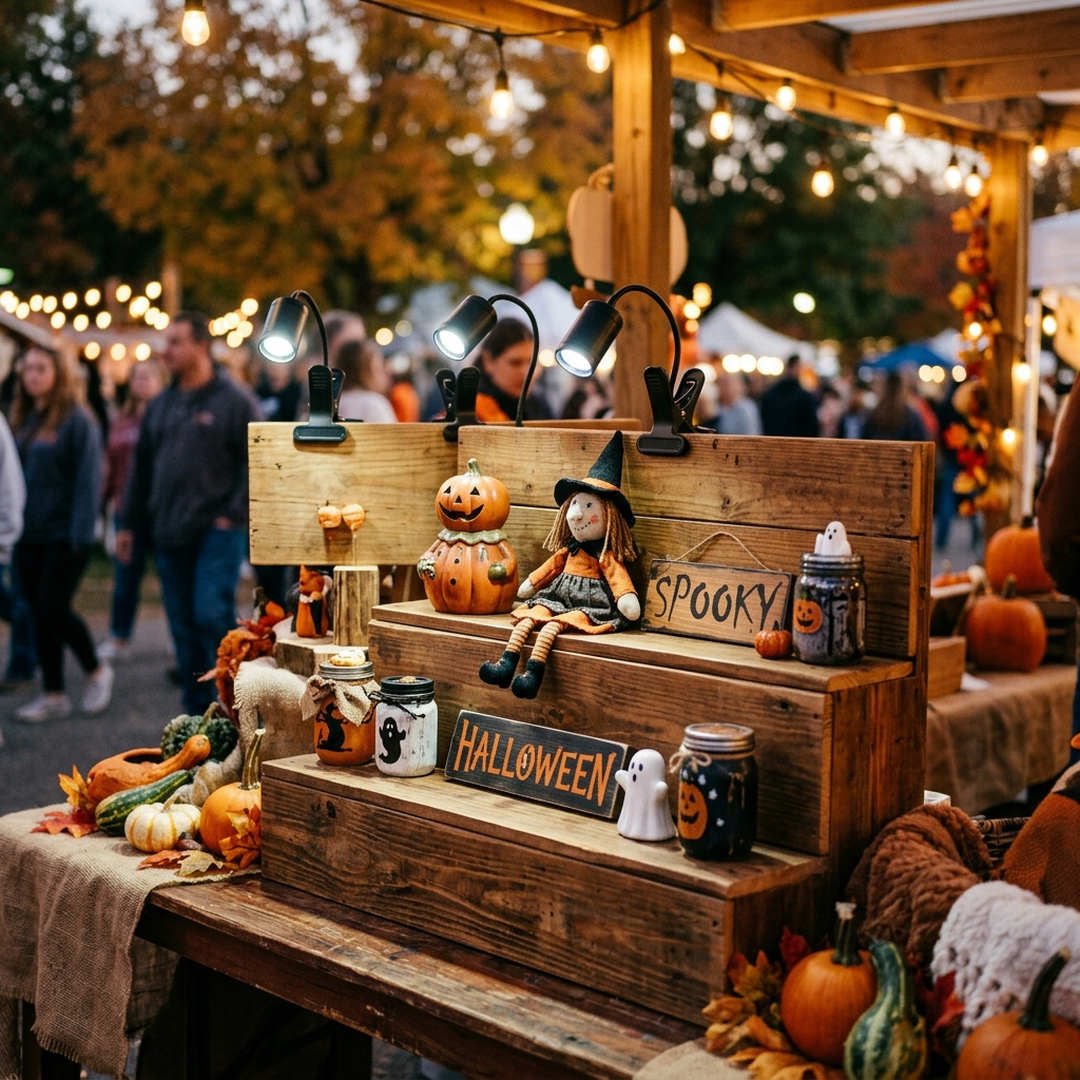 10 Best Halloween Craft Booth Ideas to Make & Sell 8 Rechargeable Spotlight & Twilight Lighting Grid - Warm battery-powered clip-on spotlights illuminating products at an evening market