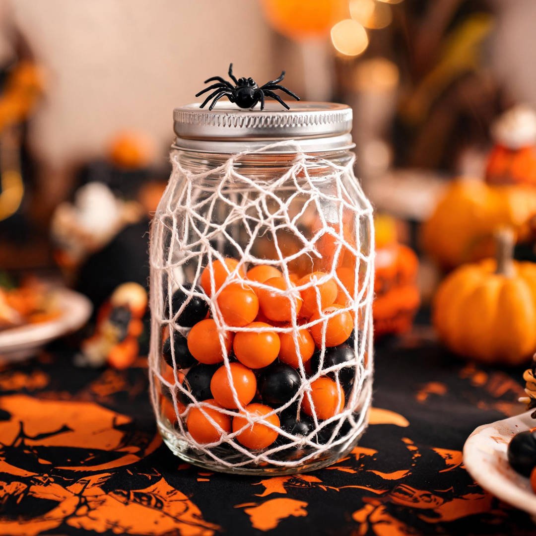 Spooky Spiderweb Mason Jar Candy Dispenser - Glass canning jar wrapped in white yarn spiderwebs with black spider on lid
