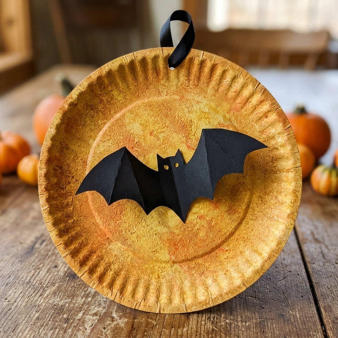 Spooky Full Moon with Flying Bat - Golden yellow painted paper plate full moon craft with a 3D black paper flying bat silhouette