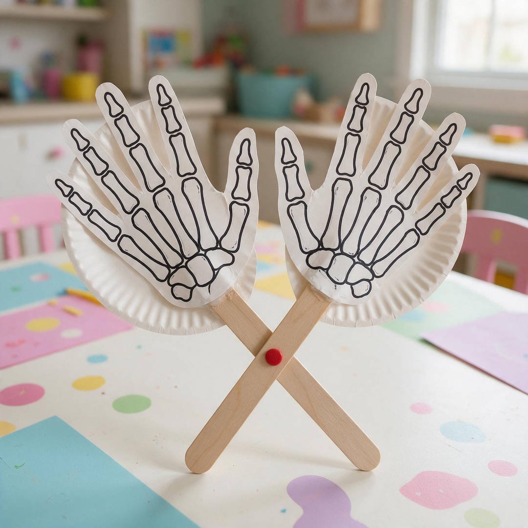 10 Moving Skeleton Hand Paper Crafts for Spooky STEM Fun 8 Toddler Paper Plate Clapping Skeleton Hands - Two white paper plate skeleton hands attached to wooden craft stick scissor handles