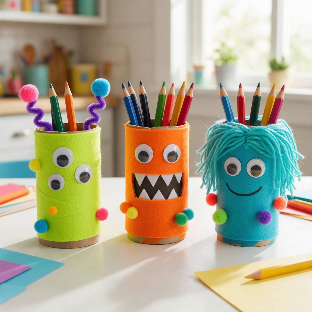 10 Easy Halloween Craft Ideas for Kids (Fun & Spooky DIYs) 8 Toilet Paper Roll Monster Pencil Holders - Upcycled cardboard tubes wrapped in neon lime felt with pipe cleaner antenna and pom-poms