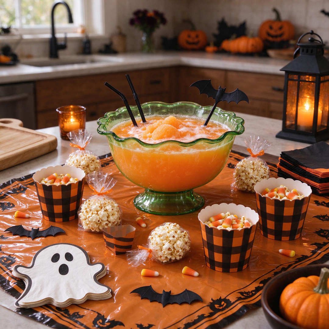 A vintage-styled Halloween kitchen table with a green depression glass punch bowl, paper candy cups, and popcorn balls
