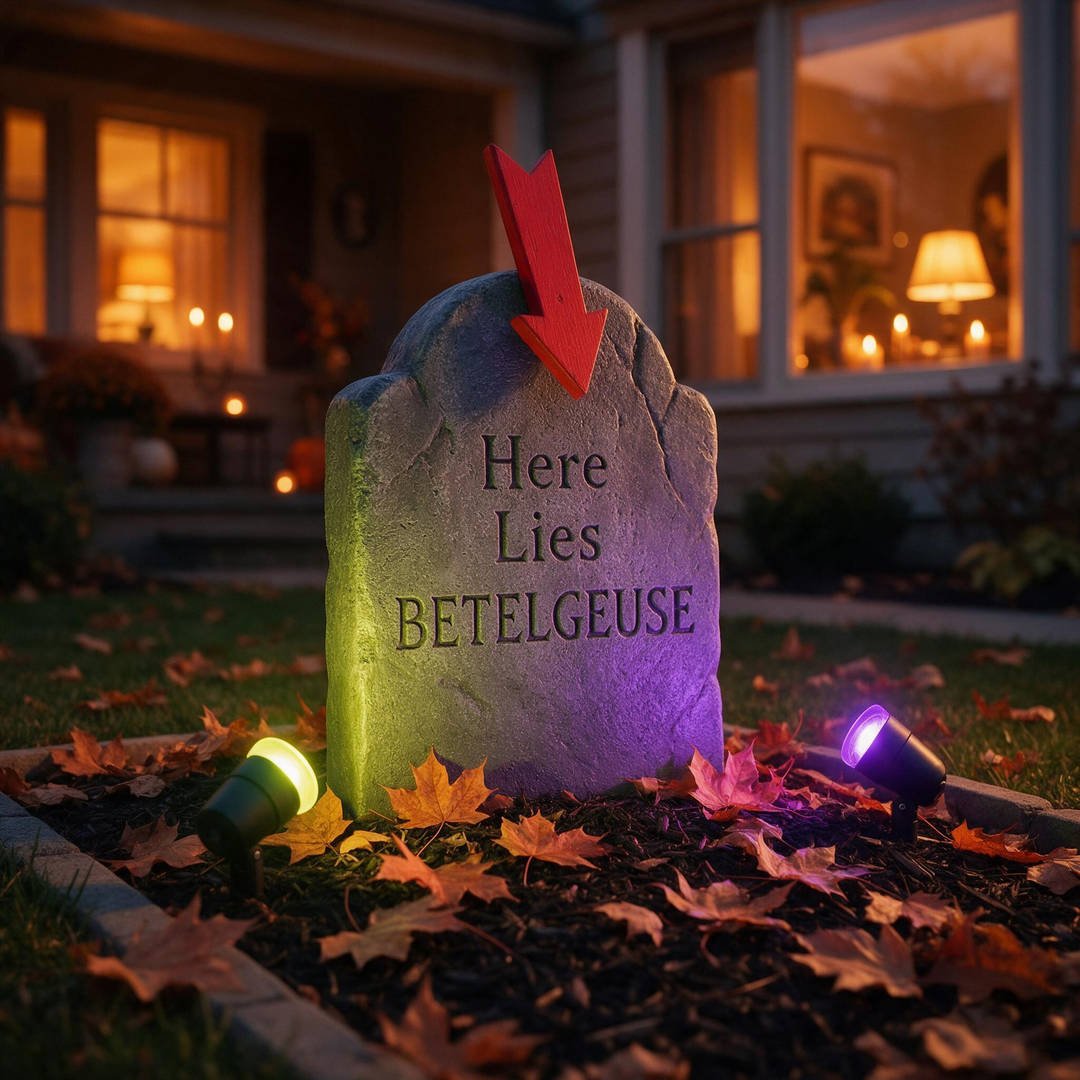 25+ Spooky Beetlejuice Halloween Decorations (Sandworm DIYs!) 10 A front yard garden bed featuring a handcrafted 'Here Lies Betelgeuse' tombstone with a red arrow neon sign and glowing green ground lights