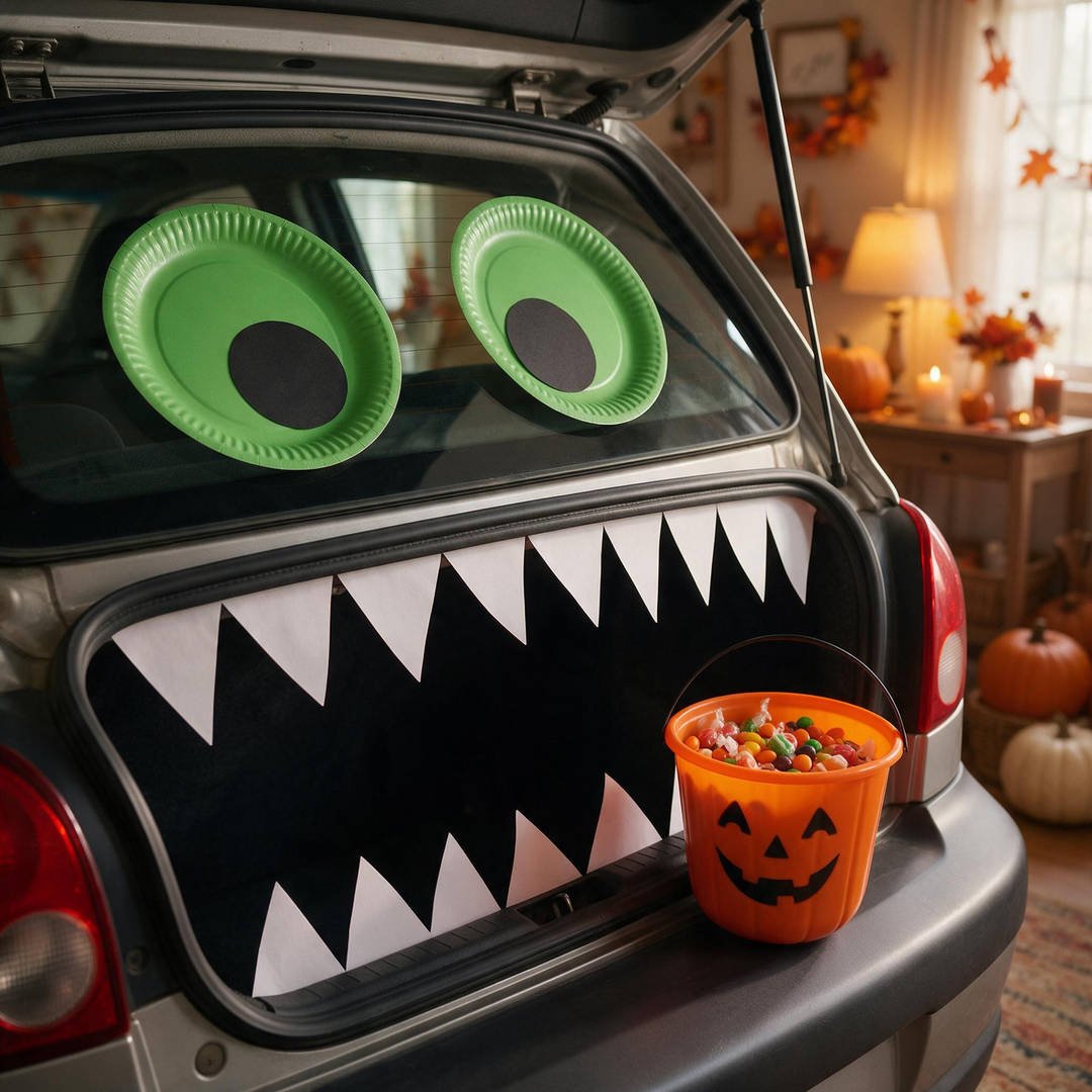30+ Easy Car Halloween Decorations (Trunk or Treat Ideas!) 10 A car trunk opening bordered with oversized white paper plate cut into sharp triangular teeth and green posterboard monster eyes