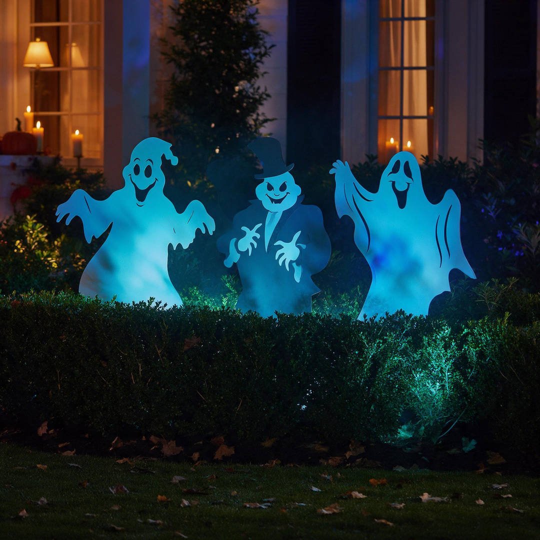 25+ Magical Disney Halloween Outdoor Decorations (Mickey Pumpkins & Haunted Mansion Ideas!) 10 Backlit silhouette cutouts of Disney Hitchhiking Ghosts with cyan outdoor up-lighting on front lawn
