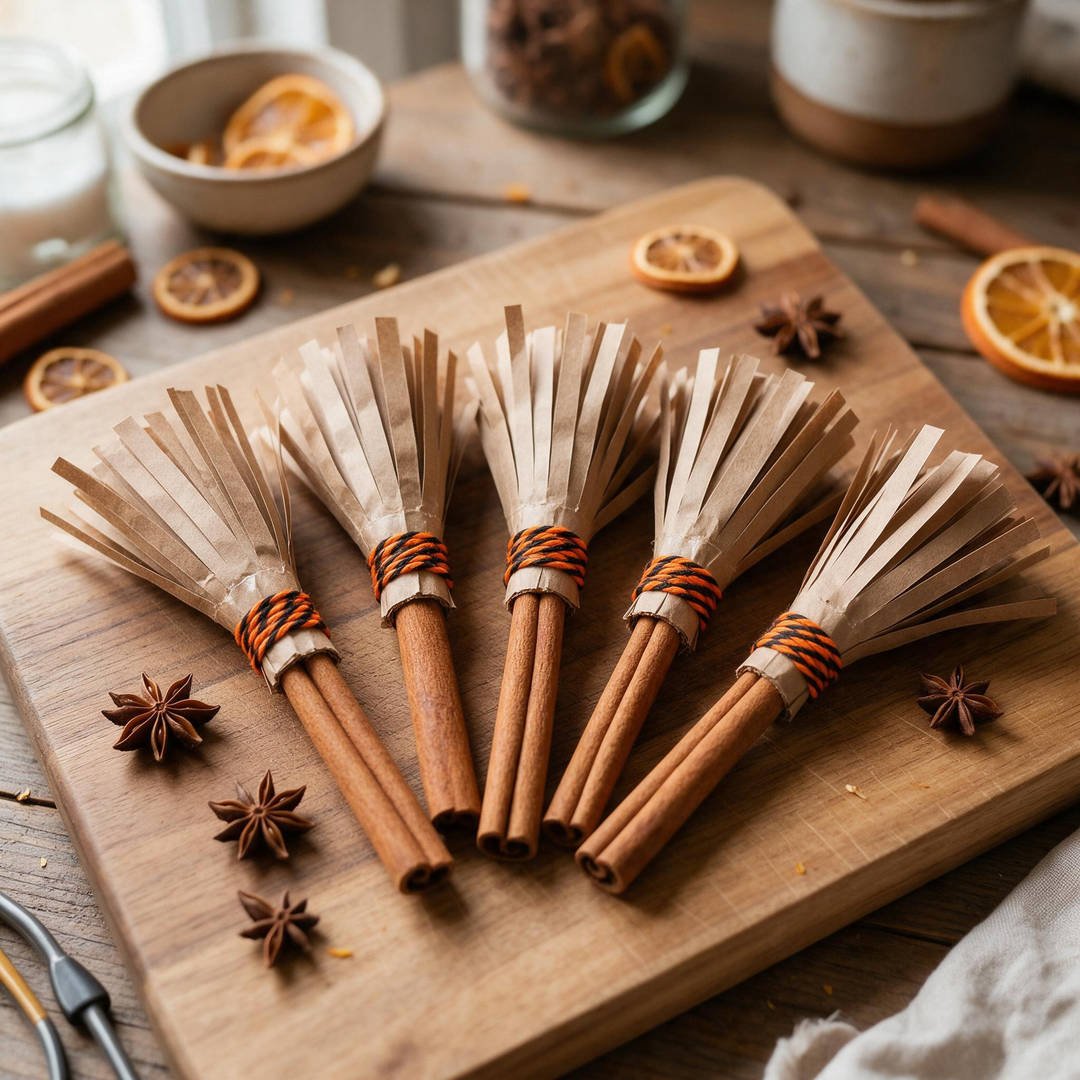 Dollar Tree Witch Broomstick Favors - Brown paper fringe broomsticks tied around fragrant cinnamon sticks with orange twine