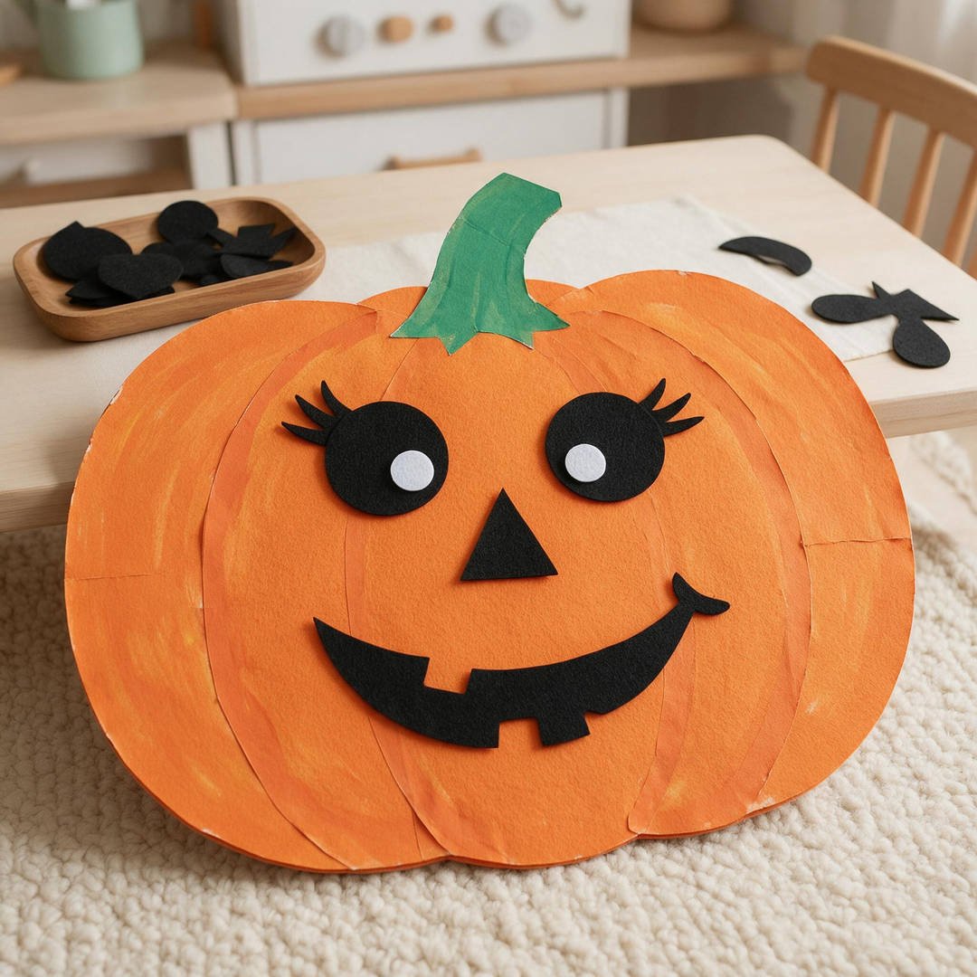 10 Easy No-Mess Halloween Crafts for Toddlers (Zero Cleanup) 9 Felt Board Interactive Jack-o'-Lanterns - Large orange felt pumpkin board with repositionable black felt facial feature pieces
