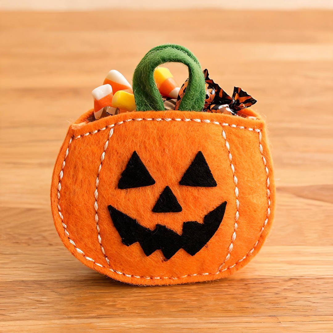 Felt Pumpkin Treat Pocket with Handle - Stitched orange craft felt pumpkin pouch with green felt leaf handle