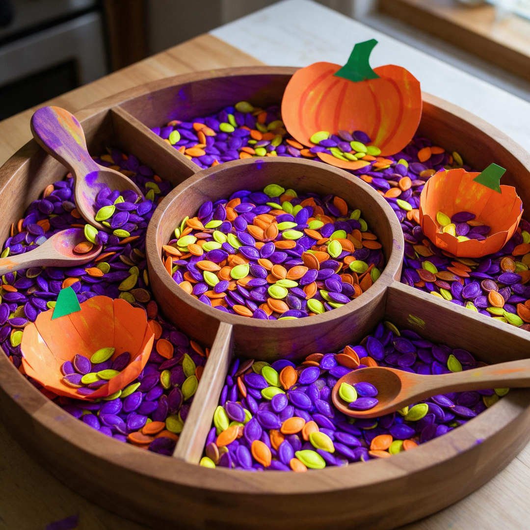 Fluorescent Neon Pumpkin Seed Sensory Bin - Roasted pumpkin seeds dyed neon purple, orange, and lime green in a wooden sorting tray