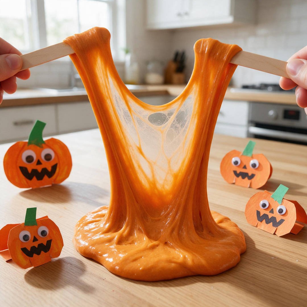 10 Spooky DIY Monster Slime Ideas for Eerie Halloween Fun 9 Gooey Pumpkin Monster Slime - Stretchy vibrant tangerine orange slime pulled between two wooden craft sticks
