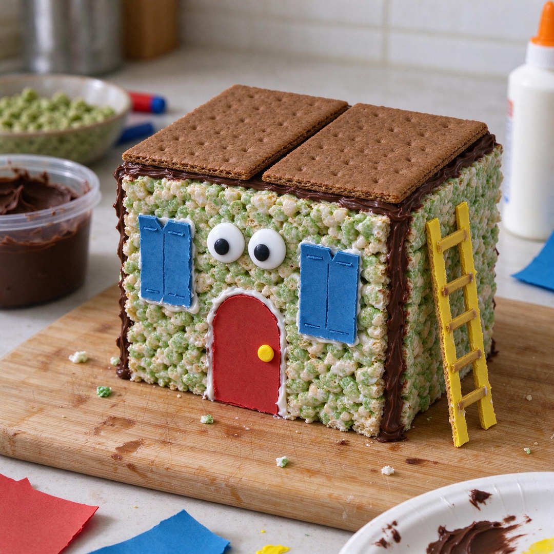 Frankenstein Green Rice Krispies Haunted Shack - Green dyed Rice Krispies cereal treat house walls with chocolate frosting roof