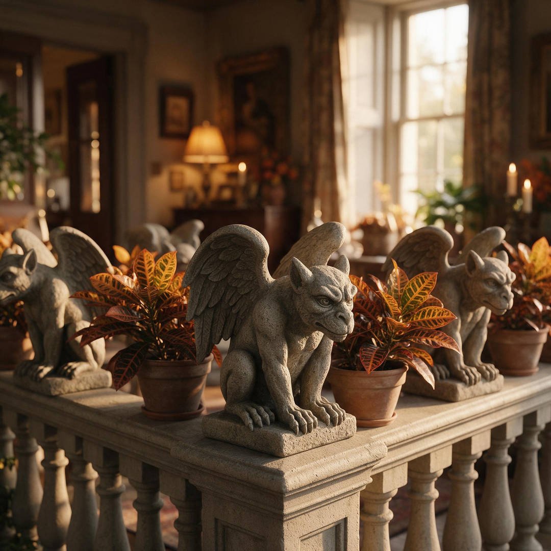 25+ Best Home Depot Halloween Decorations for 2026 (Viral Animatronics & Porch Decor!) 10 Faux stone carved gargoyle statues sitting on porch balustrade railings beside autumn planters