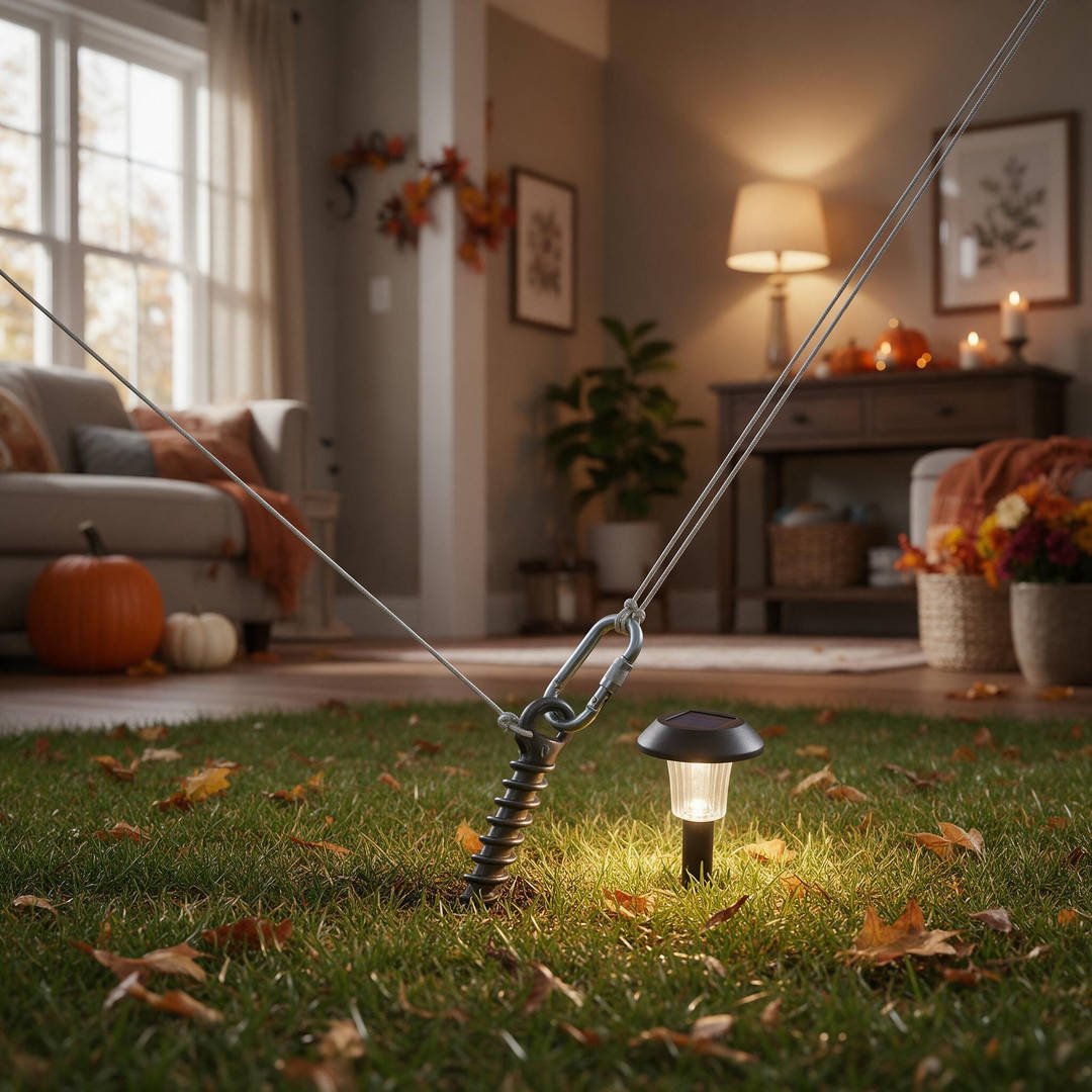 Heavy-duty steel spiral ground anchor stakes screwed into lawn turf with high-visibility paracord tethers and safety flags