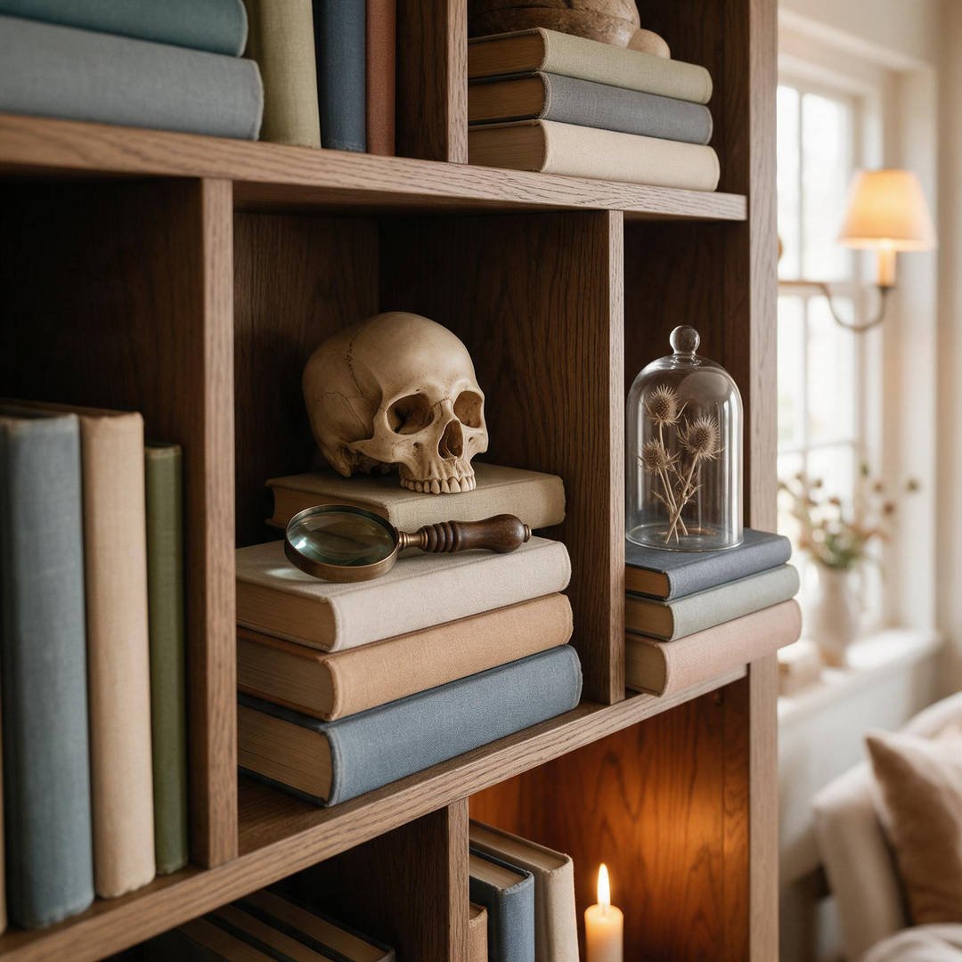 Open bookshelf cubbies styled with backward book stacks, mini resin skulls, and amber cloches
