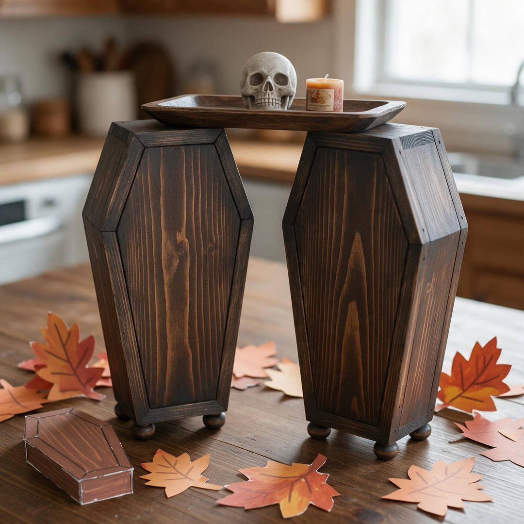 Mini Wooden Coffin Tiered Tray Risers - Dark stained pine wood coffin shaped pedestal risers with gothic distressing