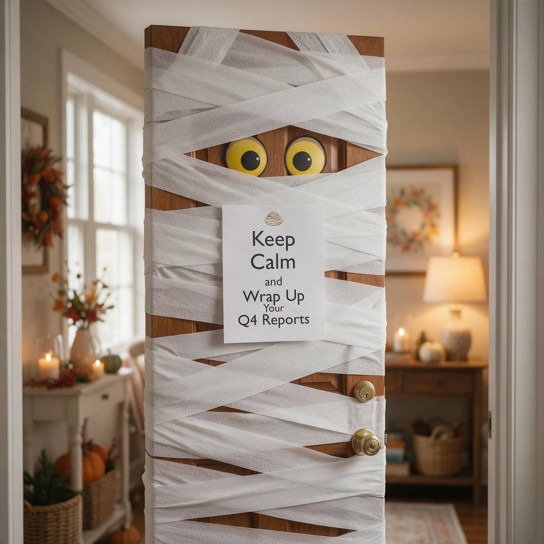 An office manager's wooden door creatively transformed into a wrapped mummy door with funny office joke quotes