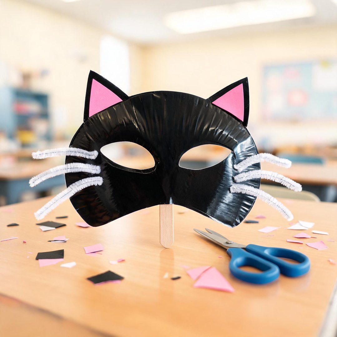 10 Easy Halloween Crafts for School (Grades 1-5) 9 Paper Plate Black Cat Mask - Half paper plate cat mask with pipe cleaner whiskers on a wooden stick