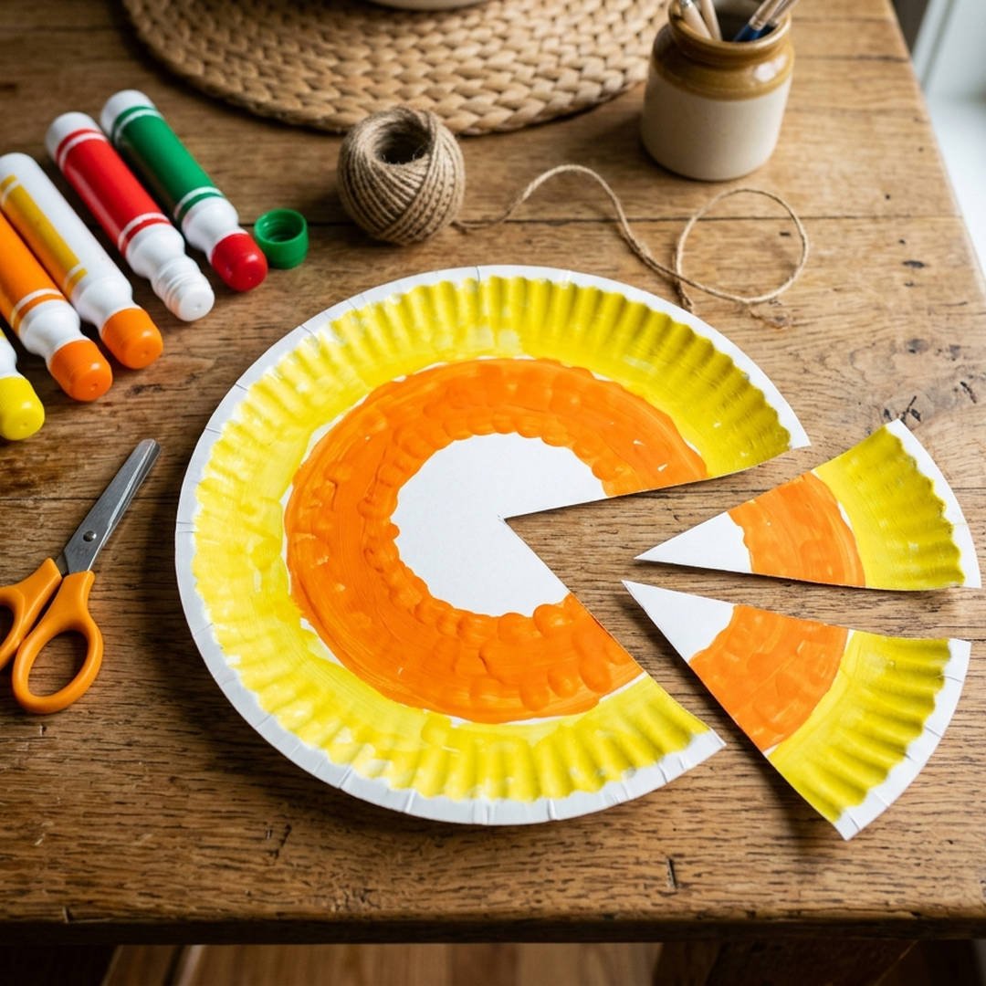 Paper Plate Candy Corn Swirl - Paper plate painted in concentric white orange and yellow candy corn rings cut into triangle wedges