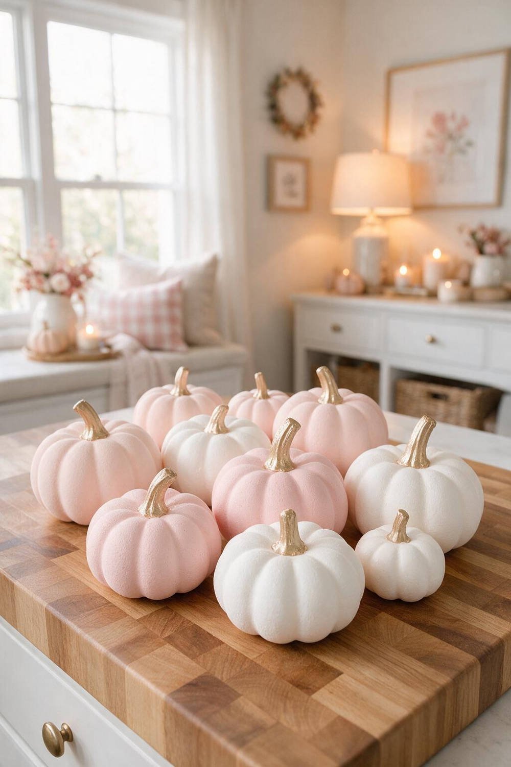 An assortment of dollar store faux pumpkins painted in matte chalk blush pink, mauve, and white with metallic gold stems