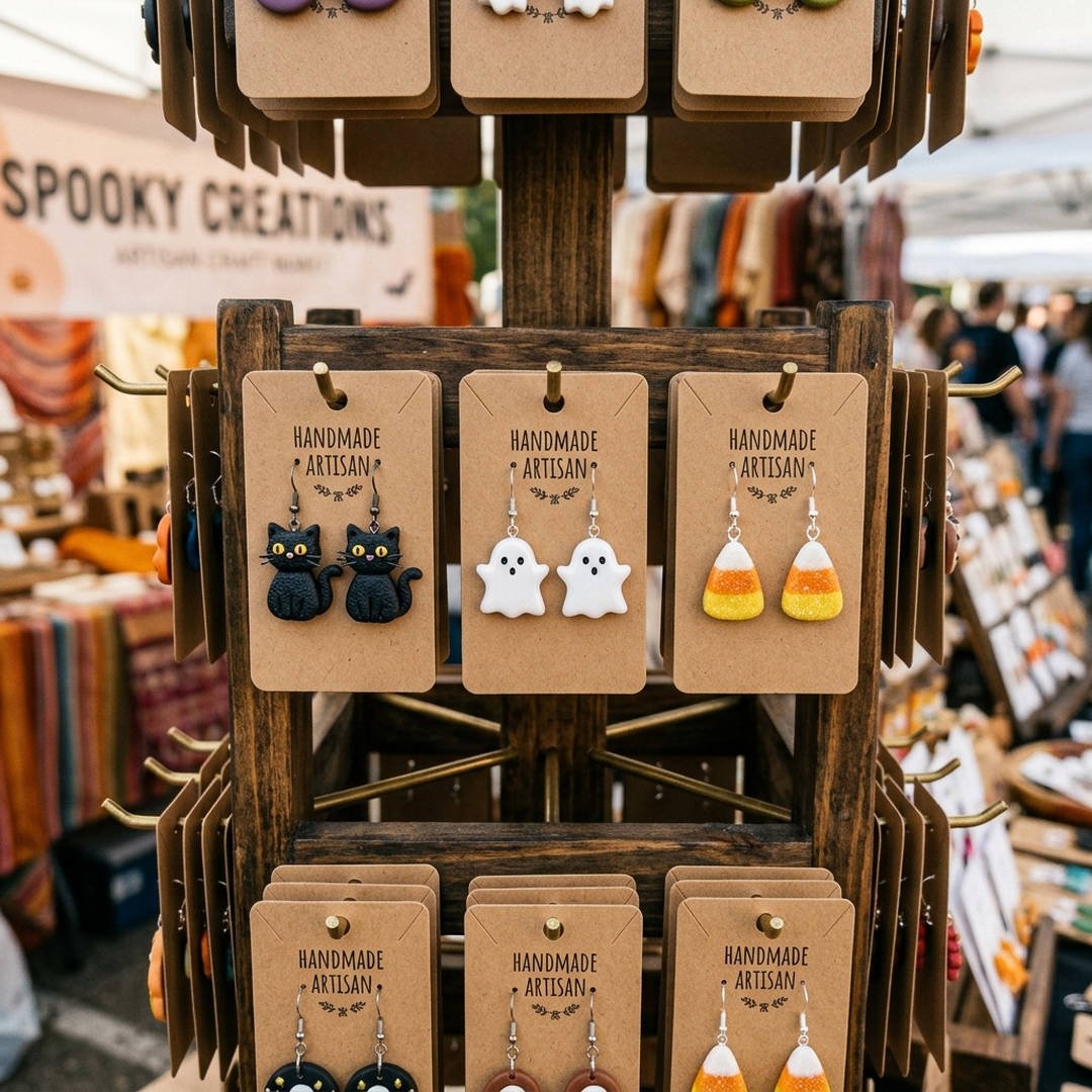 10 Best Halloween Craft Booth Ideas to Make & Sell 9 Spooky Polymer Clay Earring Spinner Display - Rotating acrylic rack filled with handmade Halloween clay dangle earrings