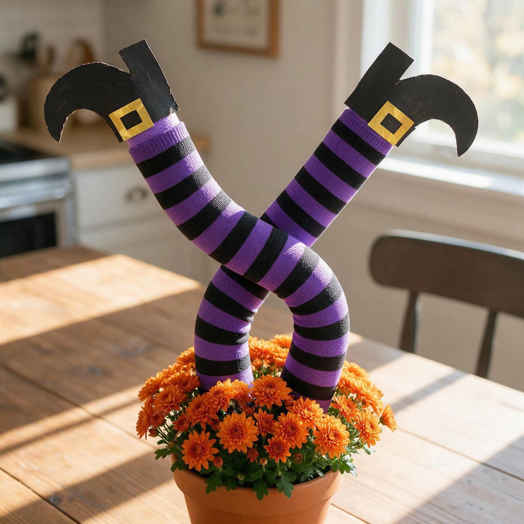 Pool Noodle Twisted Witch Legs - Foam pool noodles dressed in purple and black striped knee socks with witch shoes sticking out of a flower pot