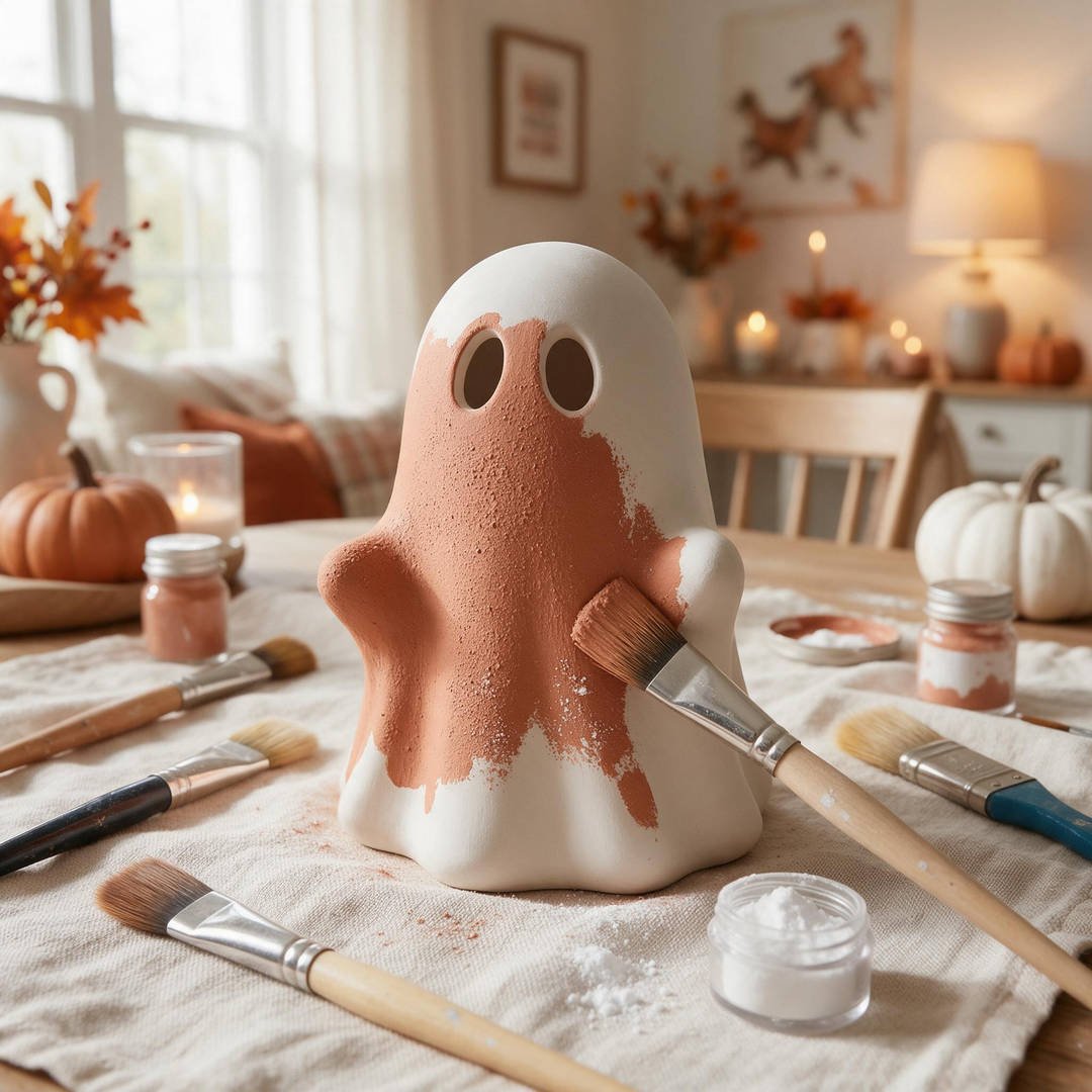 A craft tutorial flat-lay showing dollar store ceramic ghosts transformed with terracotta acrylic paint mixed with baking soda