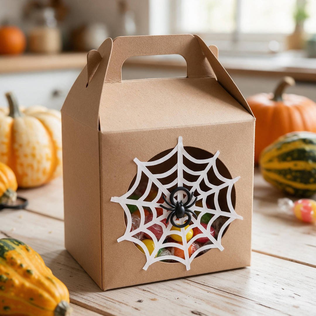 Spider Web Clear Window Gable Box - Kraft gable favor box with circular spiderweb cutout window and plastic spider ring