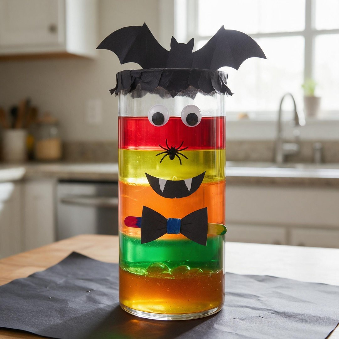 Spooky Liquid Density Tower - Tall cylindrical glass jar with distinct rainbow layered liquids and floating plastic spiders