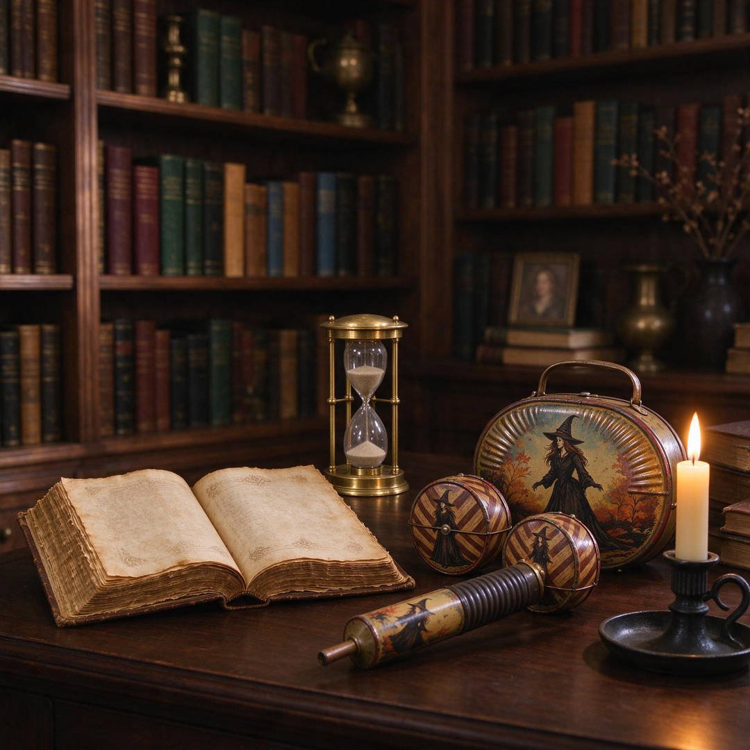 Open vintage bookshelves decorated with stack of aged spellbooks, a vintage hourglass, and miniature papier-mâché pumpkins