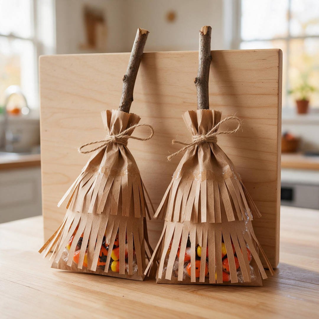 Witch Broom Brown Paper Favor Sacks - Shredded brown paper kraft bags tied around a wooden stick handle with rustic jute twine