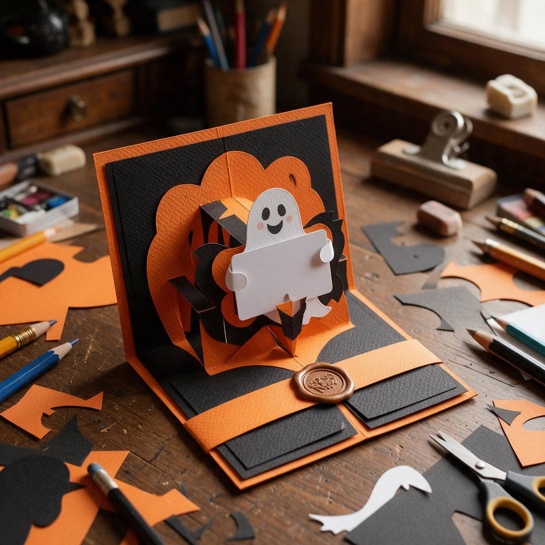 3D Halloween Pop-Up Gift Card Envelopes - Embossed black and orange cardstock greeting envelopes with pop-up ghost card holders