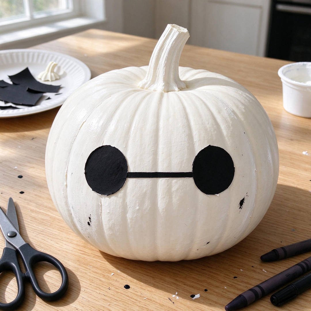 Baymax Minimalist Care Robot Pumpkin - Smooth porcelain white pumpkin with two solid black circles connected by a single black horizontal line