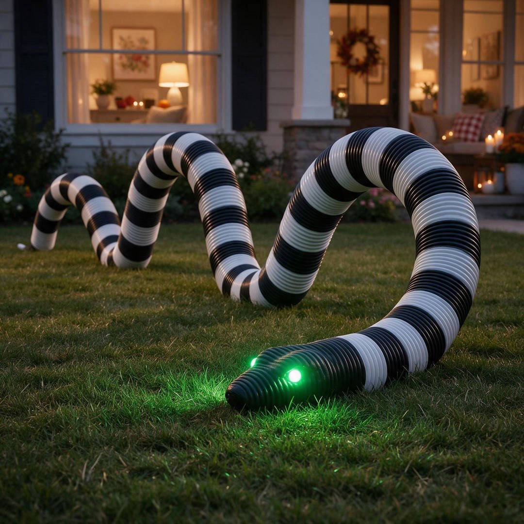 25+ Spooky Beetlejuice Halloween Decorations (Sandworm DIYs!) 11 A front lawn showcasing a 15-foot spiraling striped sandworm body emerging from lawn turf with illuminated glowing green eyes at dusk
