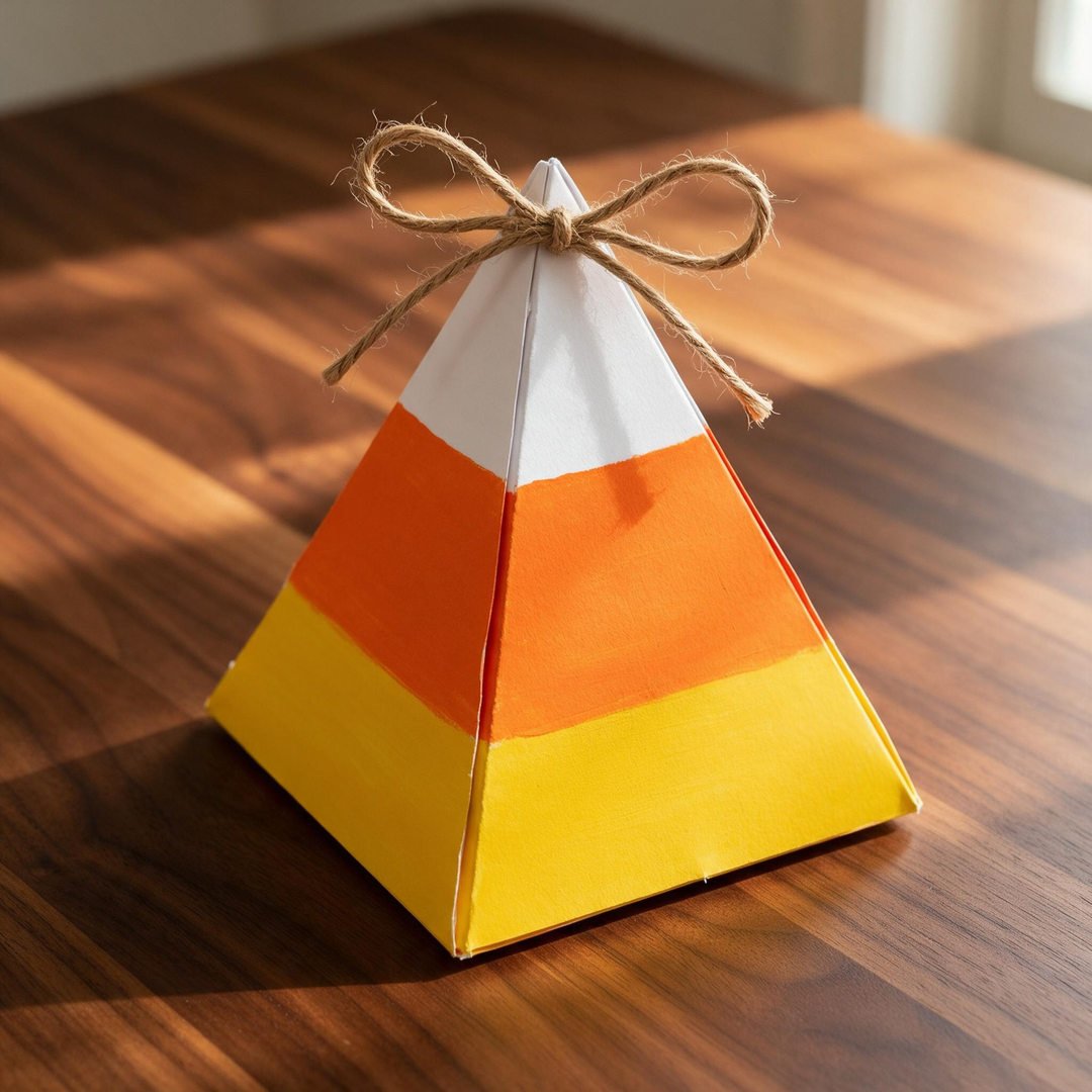 Candy Corn Chipboard Pyramid Treat Box - Three-sided pyramid box striped in white, bright orange, and yellow cardstock tied with jute twine