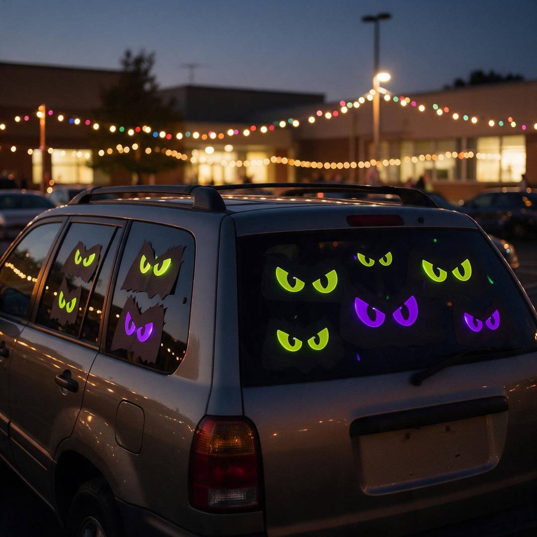 30+ Easy Car Halloween Decorations (Trunk or Treat Ideas!) 11 A parked SUV at night with glowing green and purple cartoon eyes peering out from all tinted rear windows using glow sticks