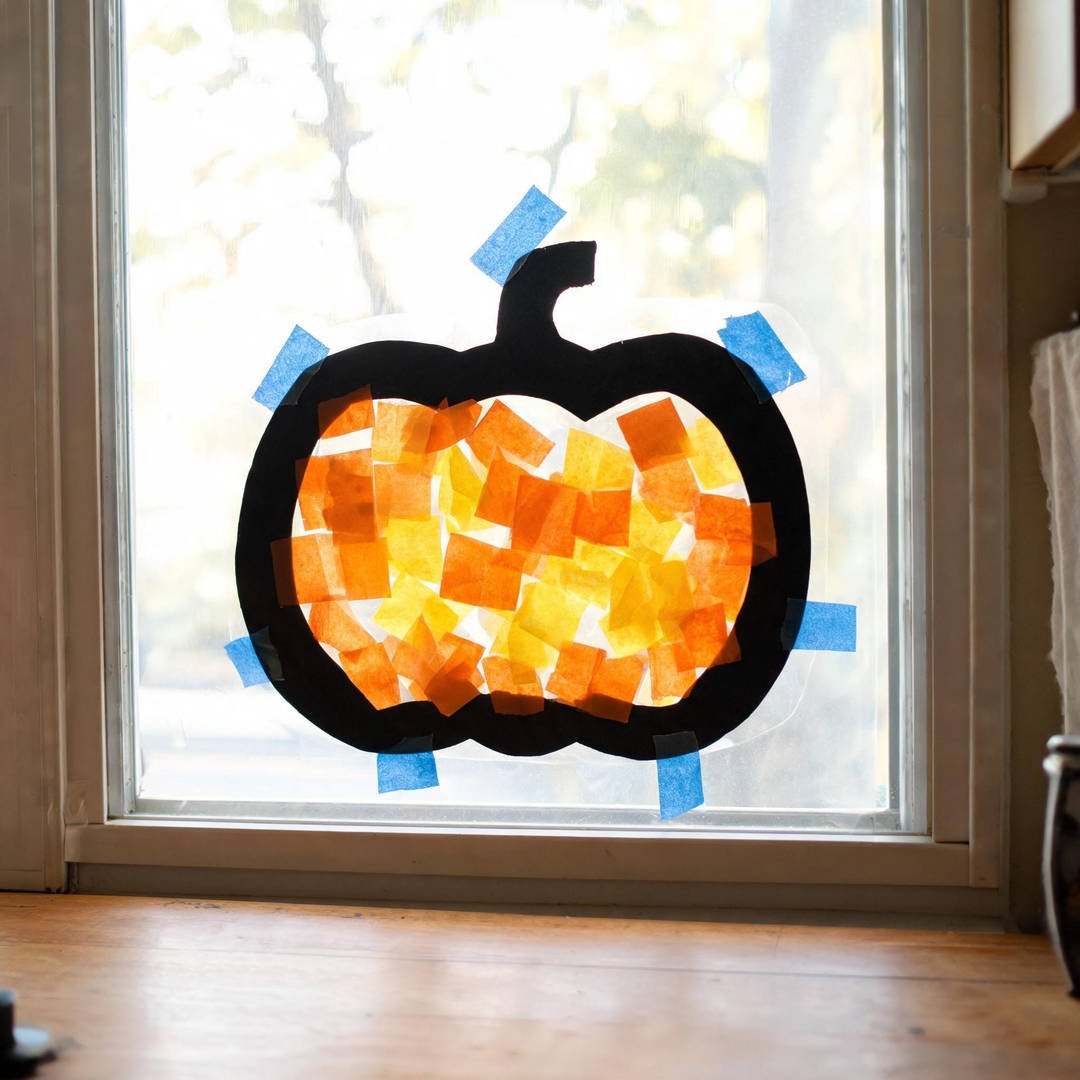 Sticky Contact Paper Pumpkin Suncatcher - Black paper pumpkin outline filled with crinkled orange tissue paper squares on a window