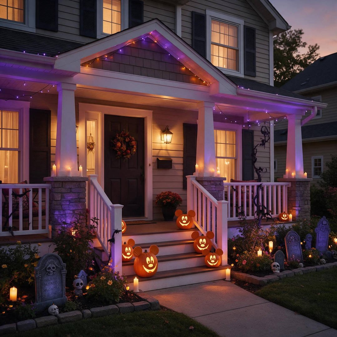 25+ Magical Disney Halloween Outdoor Decorations (Mickey Pumpkins & Haunted Mansion Ideas!) 11 Panoramic view of a suburban front home and porch decorated with magical Disney Halloween outdoor decor