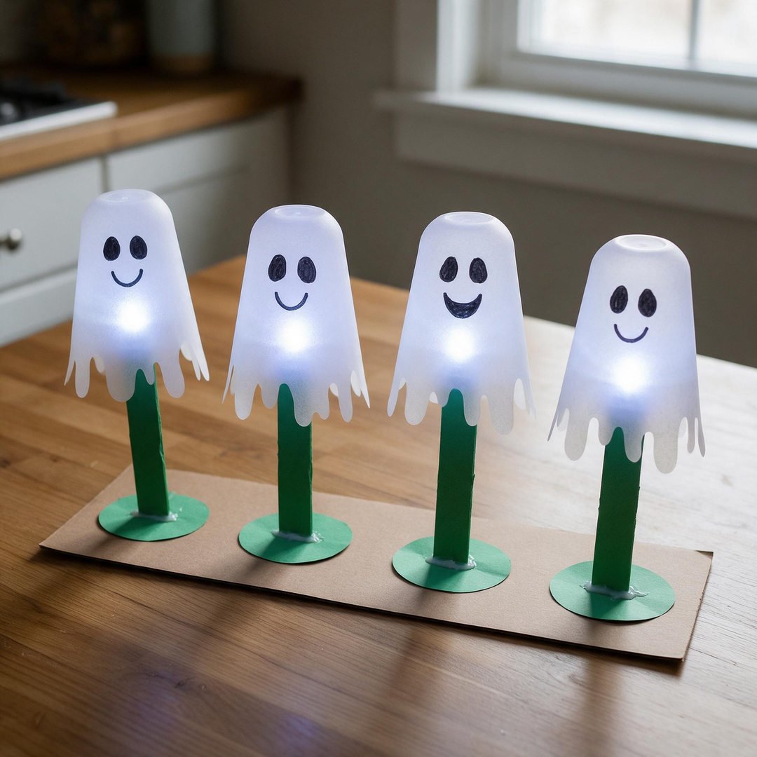 Dollar Tree Solar Light Ghost Pathway Stakes - Outdoor black solar garden stakes capped with frosted plastic globes with cheerful ghost faces
