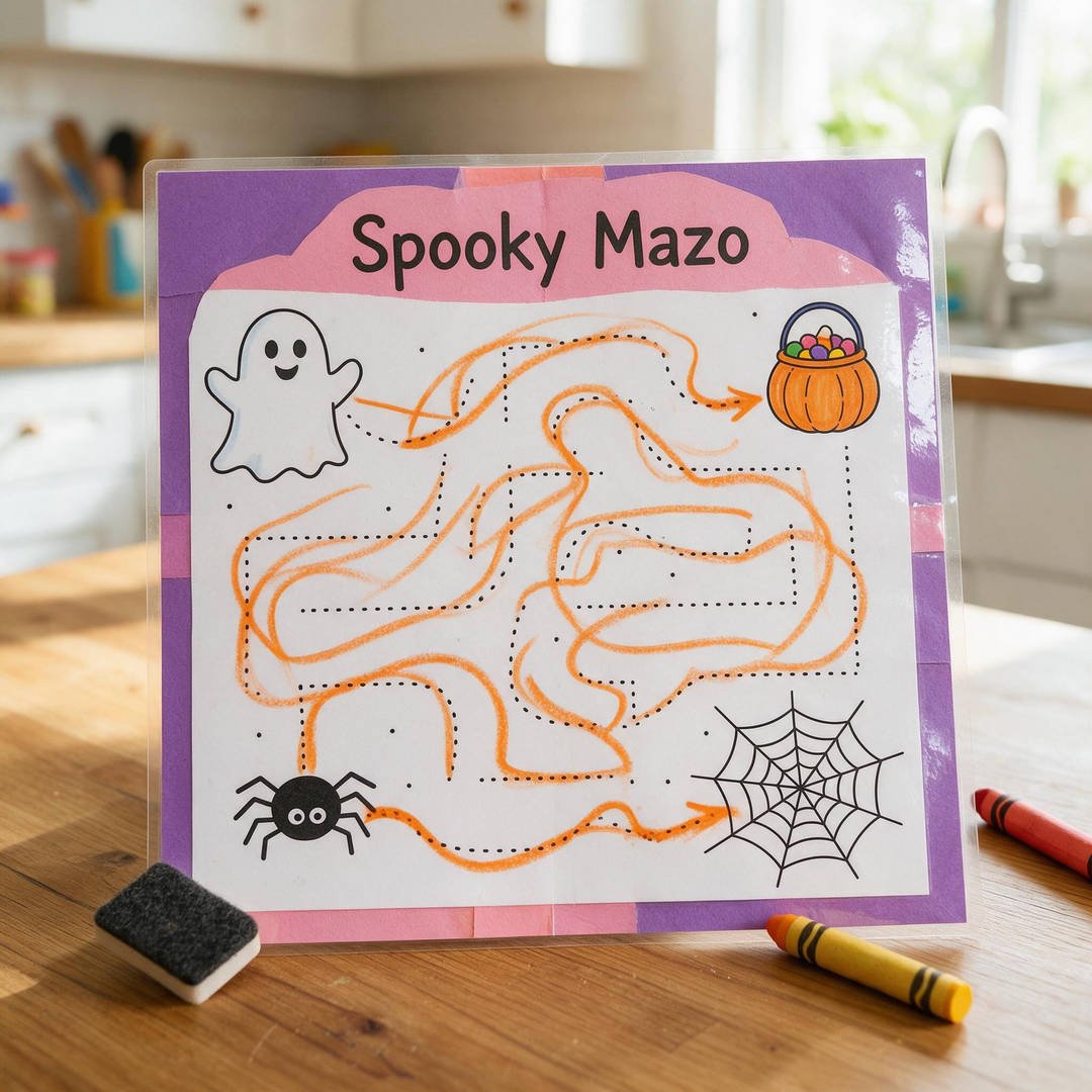 10 Easy No-Mess Halloween Crafts for Toddlers (Zero Cleanup) 10 Dry-Erase Laminated Spooky Mazes - Heavy laminated card with pumpkin and ghost tracing paths drawn with thick orange dry-erase crayon