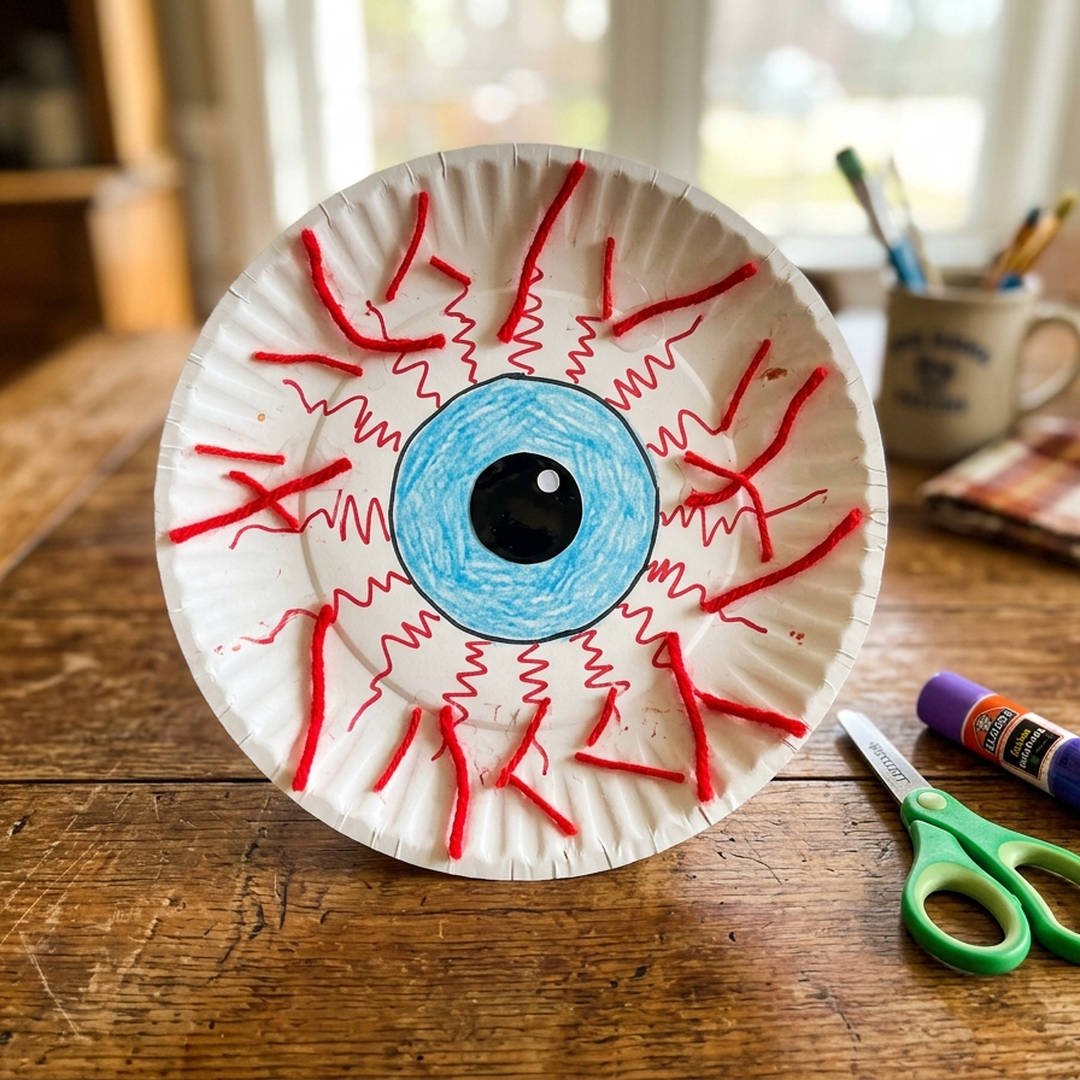 Giant Friendly Monster Eyeball - Silly white paper plate giant monster eyeball craft with a bright blue iris and red yarn veins