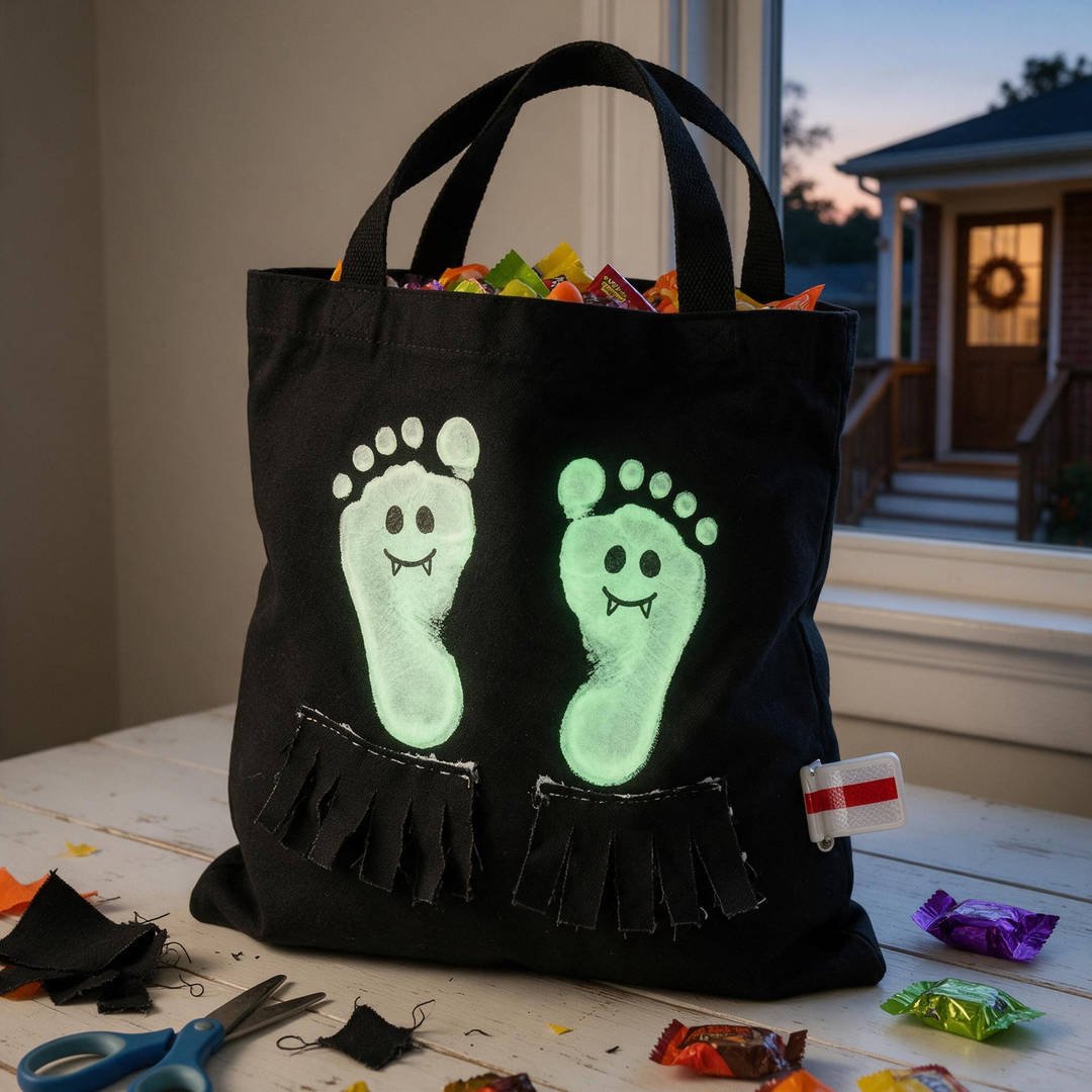 Glow-in-the-Dark Trick-or-Treat Tote - Black canvas tote bag stamped with white glow-in-the-dark footprint ghosts for night walking