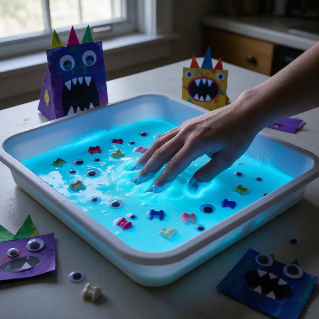 Glowing Oobleck Monster Goo Bin - Non-Newtonian cornstarch and tonic water fluid glowing neon cyan with floating googly eyes