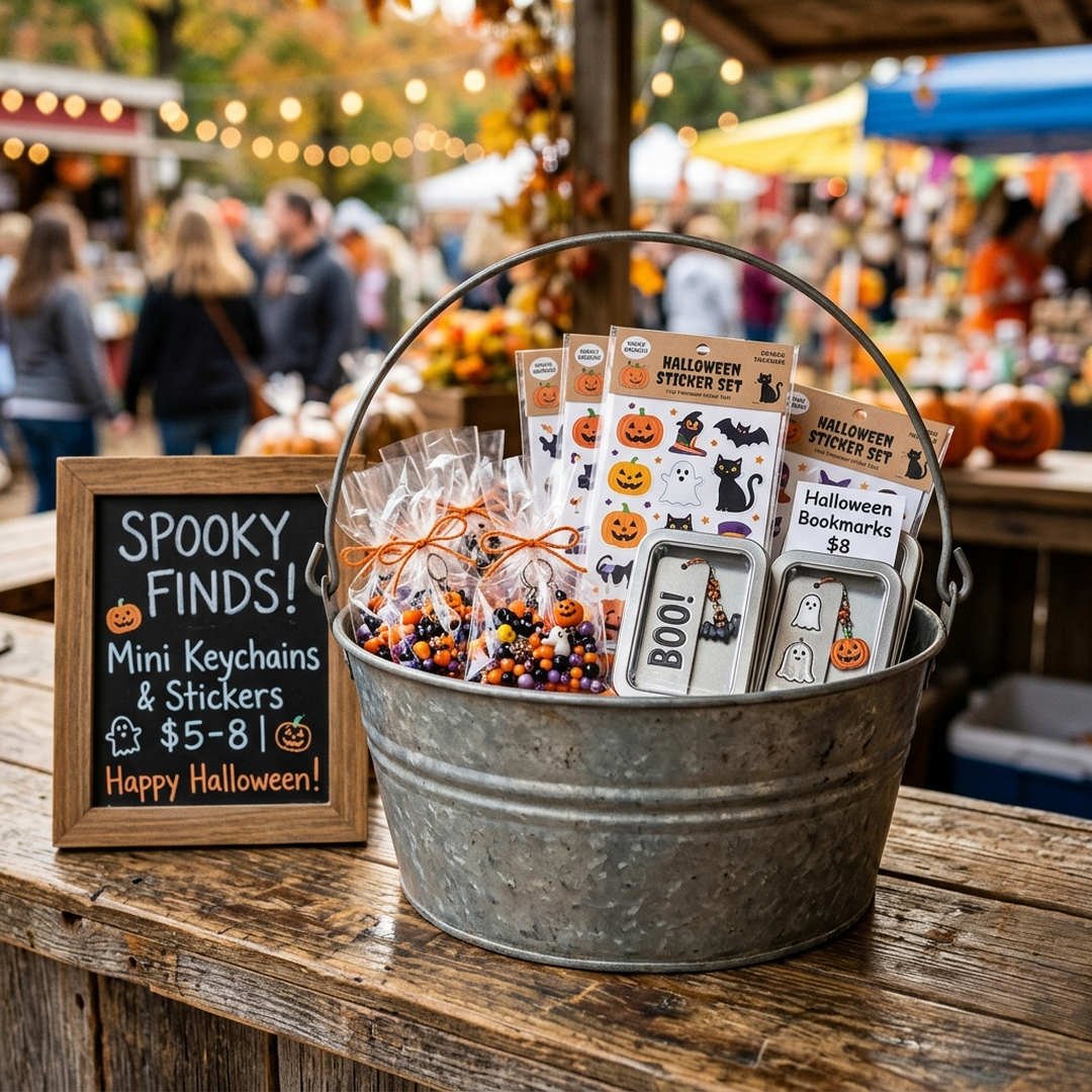 10 Best Halloween Craft Booth Ideas to Make & Sell 10 The $5 Grab-and-Go Impulse Treat Bowl - Galvanized metal tub filled with budget-friendly Halloween keychains and stickers