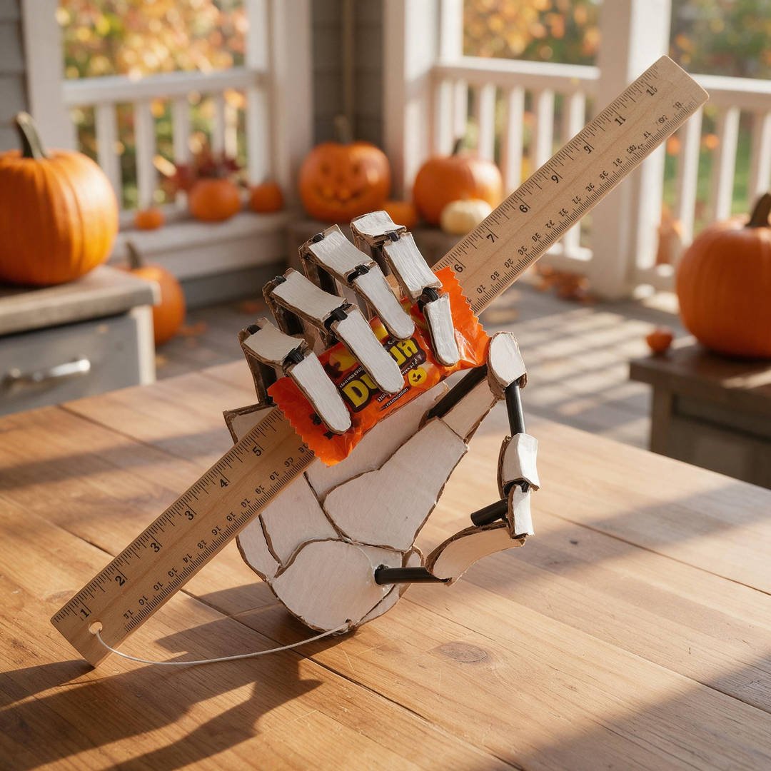 10 Moving Skeleton Hand Paper Crafts for Spooky STEM Fun 10 Halloween Treat-Grabbing Skeleton Puppet Hand - Long reach skeleton hand puppet clutching a fun-size chocolate candy bar