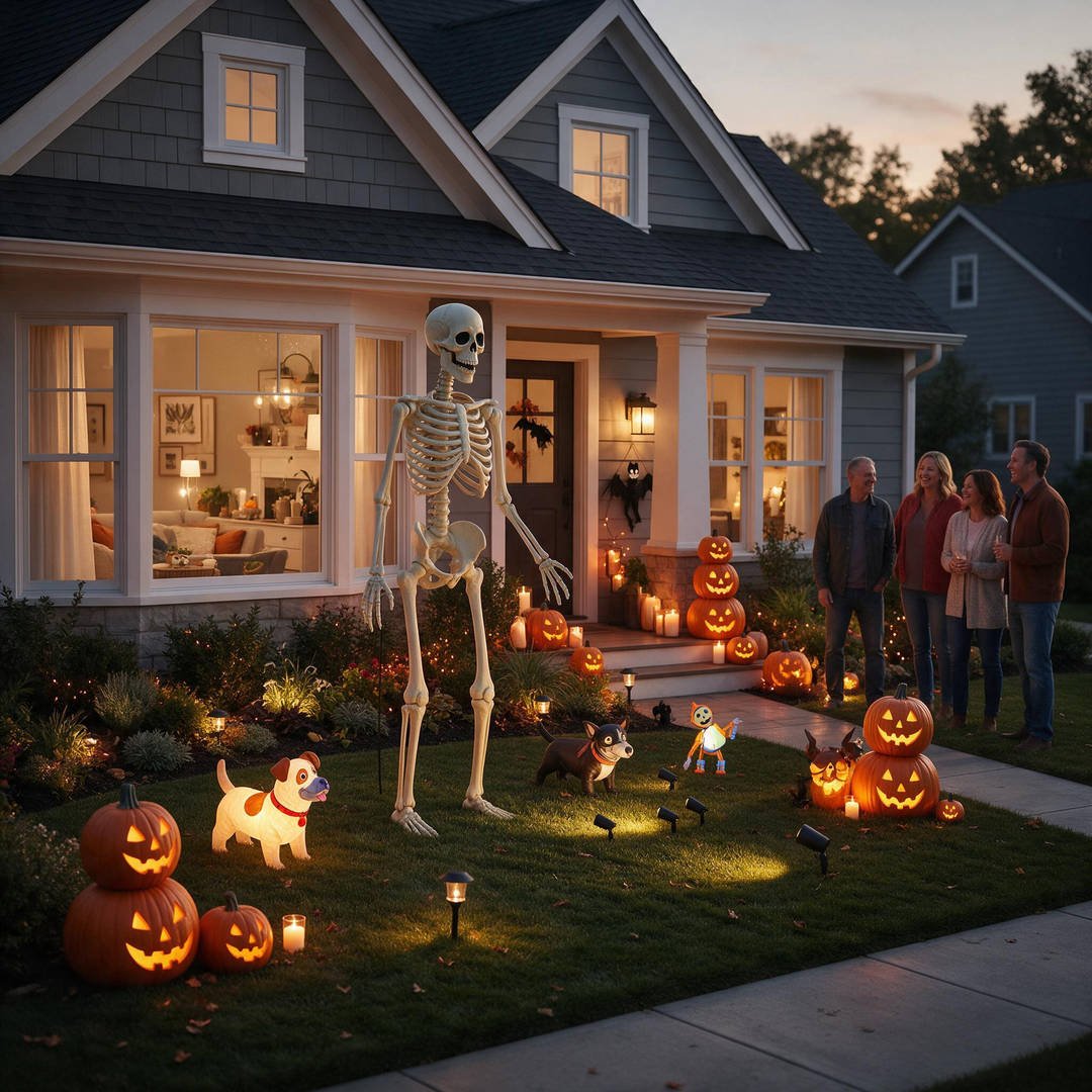 25+ Best Home Depot Halloween Decorations for 2026 (Viral Animatronics & Porch Decor!) 26 Panoramic view of an entire suburban home showcasing viral Home Depot Halloween animatronics and lighting