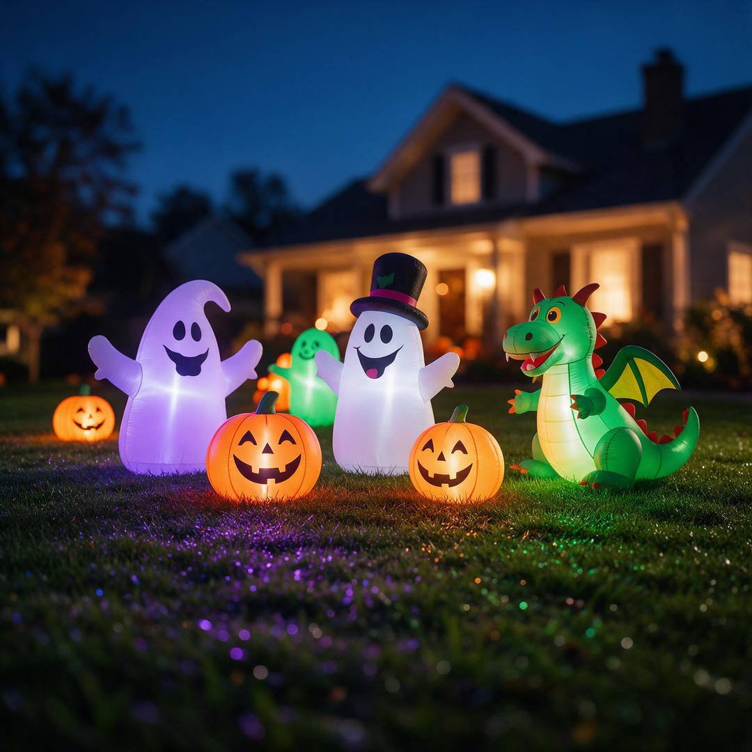 A panoramic evening view of a suburban front yard fully decorated with glowing Halloween inflatables and festive string lights