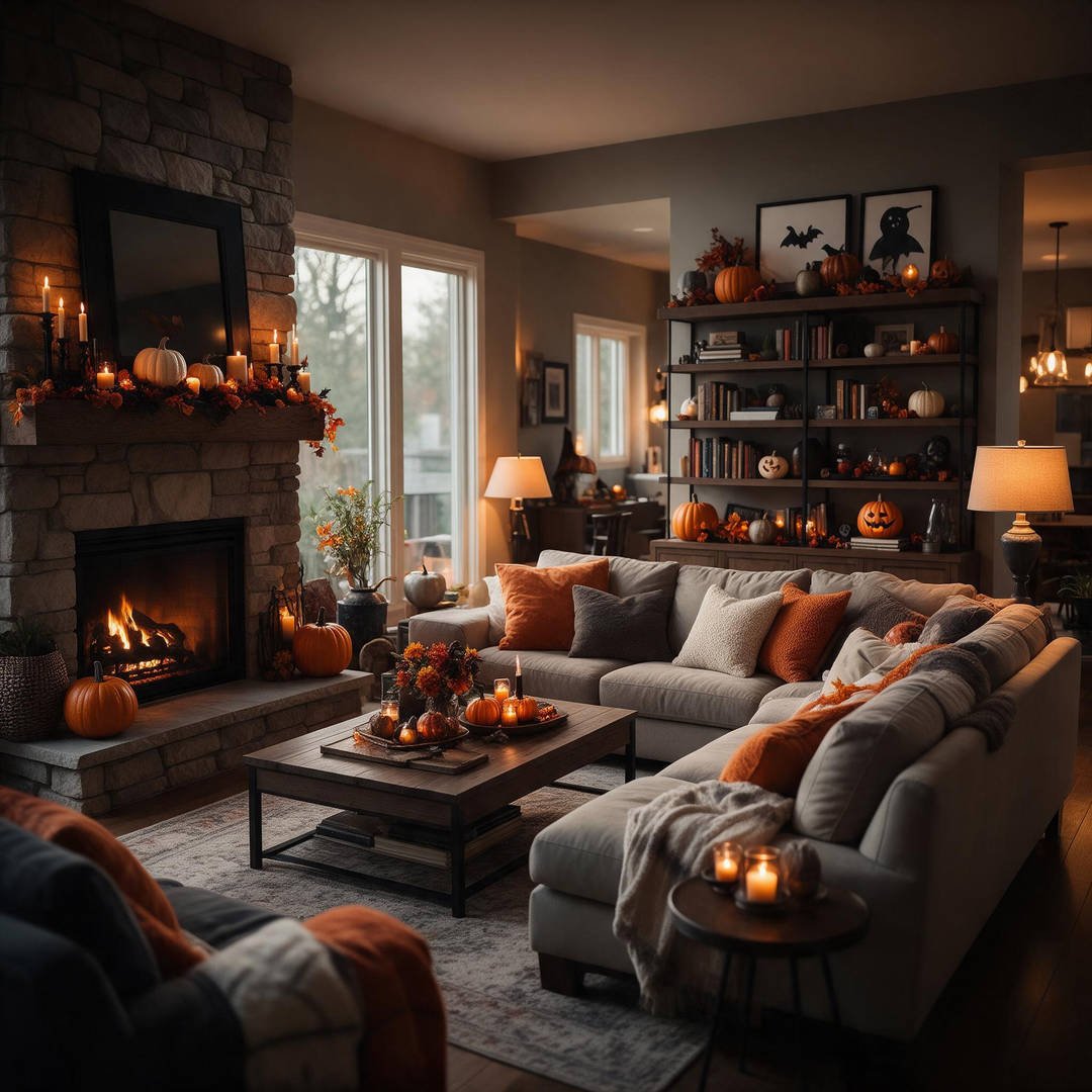 A wide panoramic evening photograph of a fully styled, warm, and inviting Halloween living room