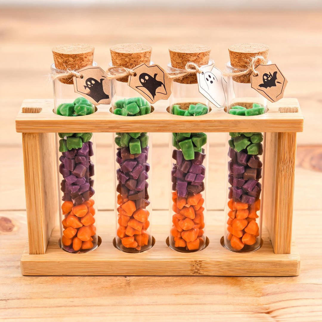Mad Scientist Test Tube Candy Favors - Clear plastic test tubes filled with layered candy and cork stoppers on a wooden rack
